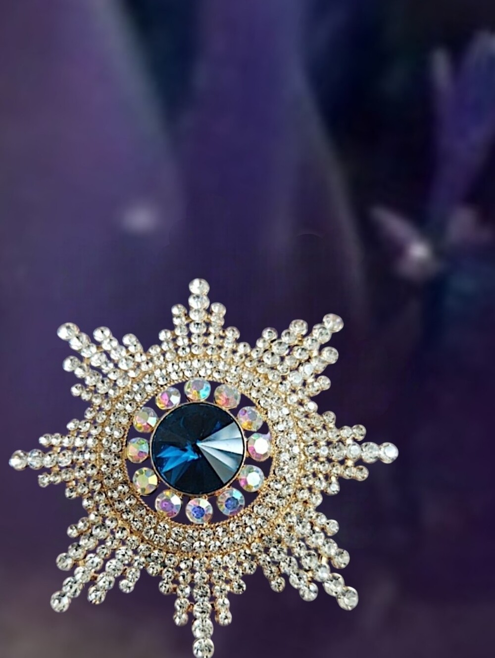 Blue Sunburst Crystal Statement Brooch